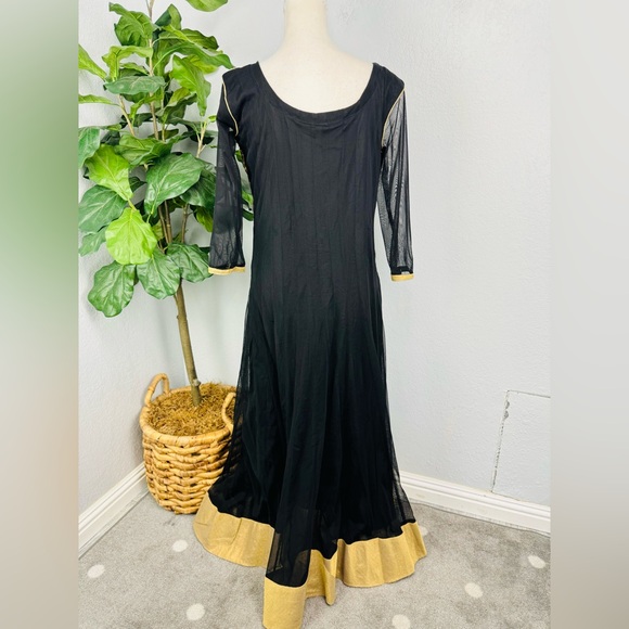 Vintage Middle eastern Pakistan Mesh Gold Long Sleeve Embroidered Tulle Dress - Picture 5 of 6
